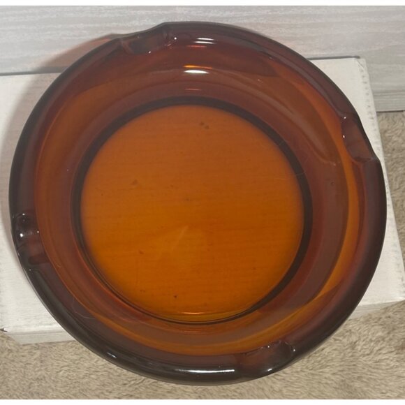 Vtg Amber Glass Ashtray Four Cigarette Rests Retro Mid-Century Modern 7 3/4" - Picture 3 of 8